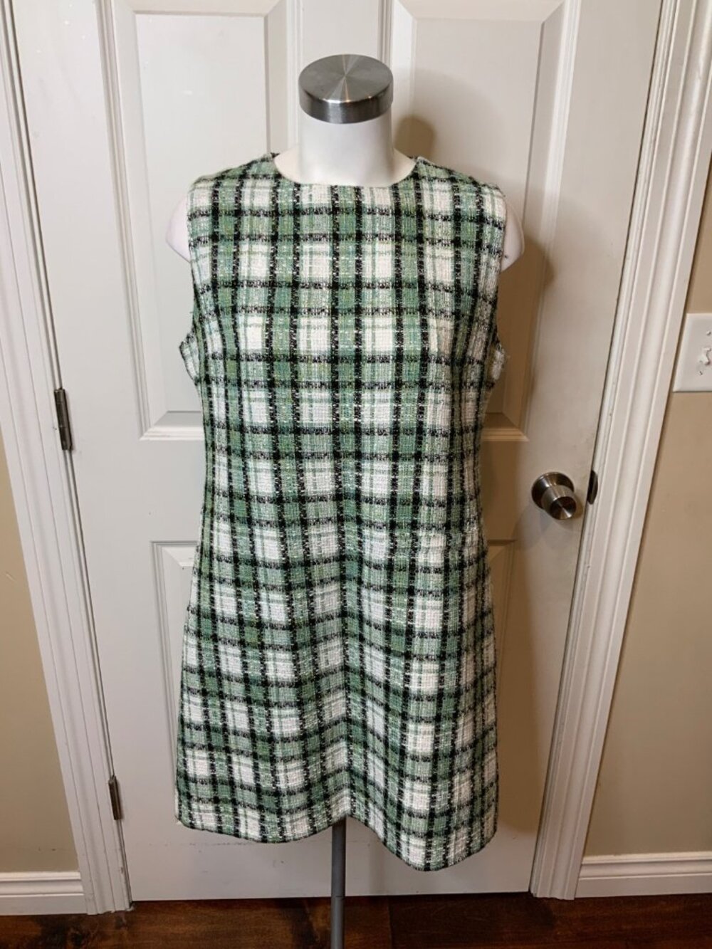 Karen Millen Green Check Tweed A-Line Dress NWT, Size `12